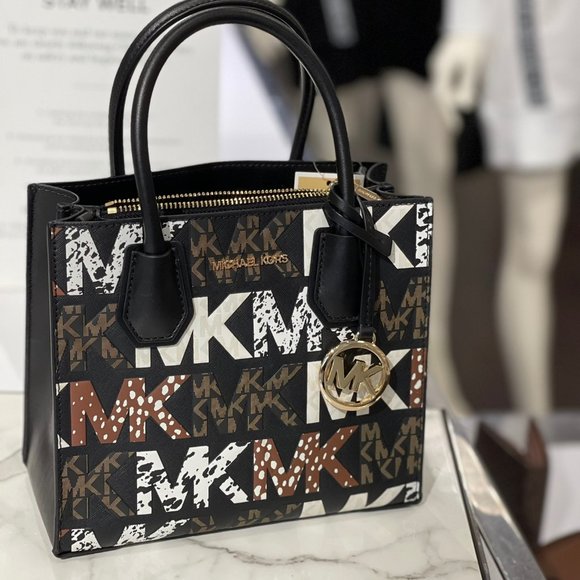 MK Mercer Small Satchel Messenger Logo Black Multi - Picture 1 of 10